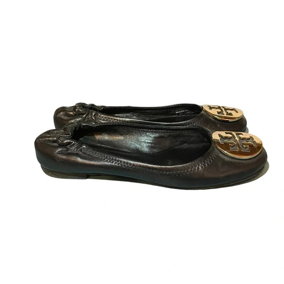 TORY BURCH CLAIRE BLACK LEATHER BALLET FLATS - Picture 2 of 5